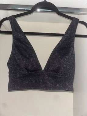 Black Shimmer Sparkle V Neck Plunge Bralette Crop Top